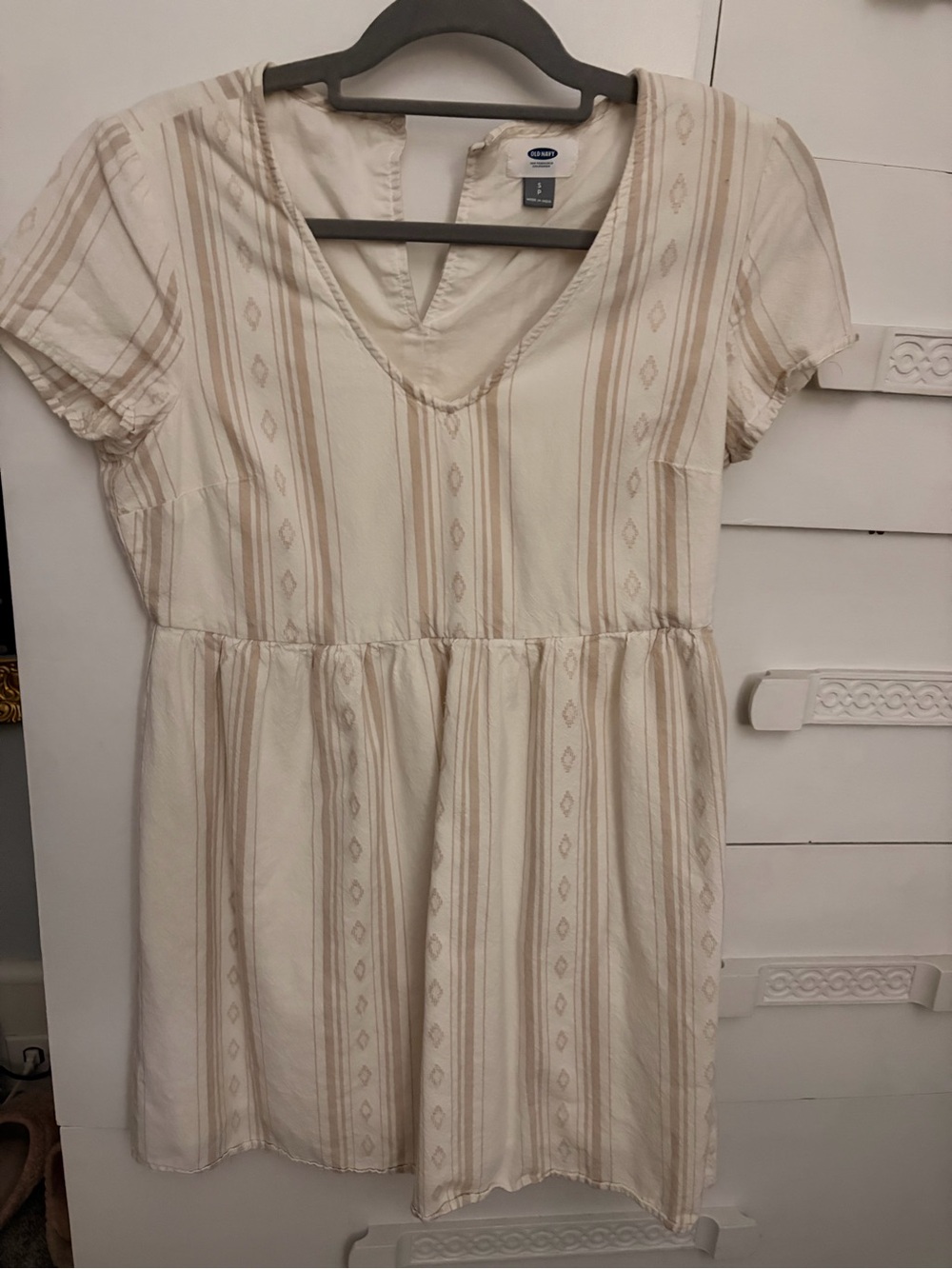 Old Navy Cream and Tan Striped V-Neck Summer Dress